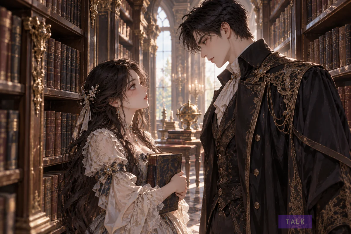 Fantasy illustration of two young nobles meeting in a library