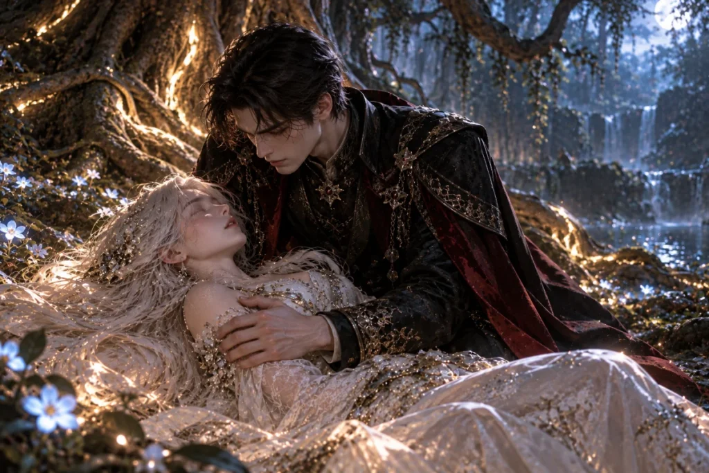 Edwin protects Angelina after the guardian tree incident