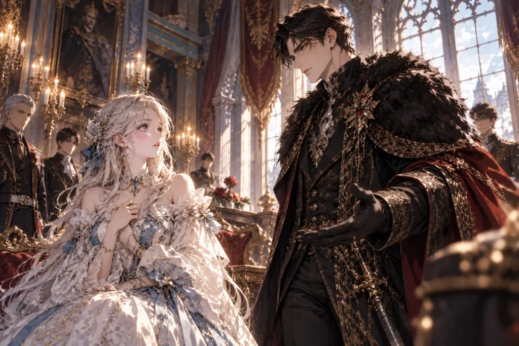 Fantasy illustration of a young noblewoman inside an aristocratic mansion