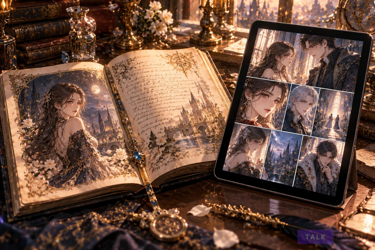 Illustration comparing a fantasy web novel with its manhwa adaptation