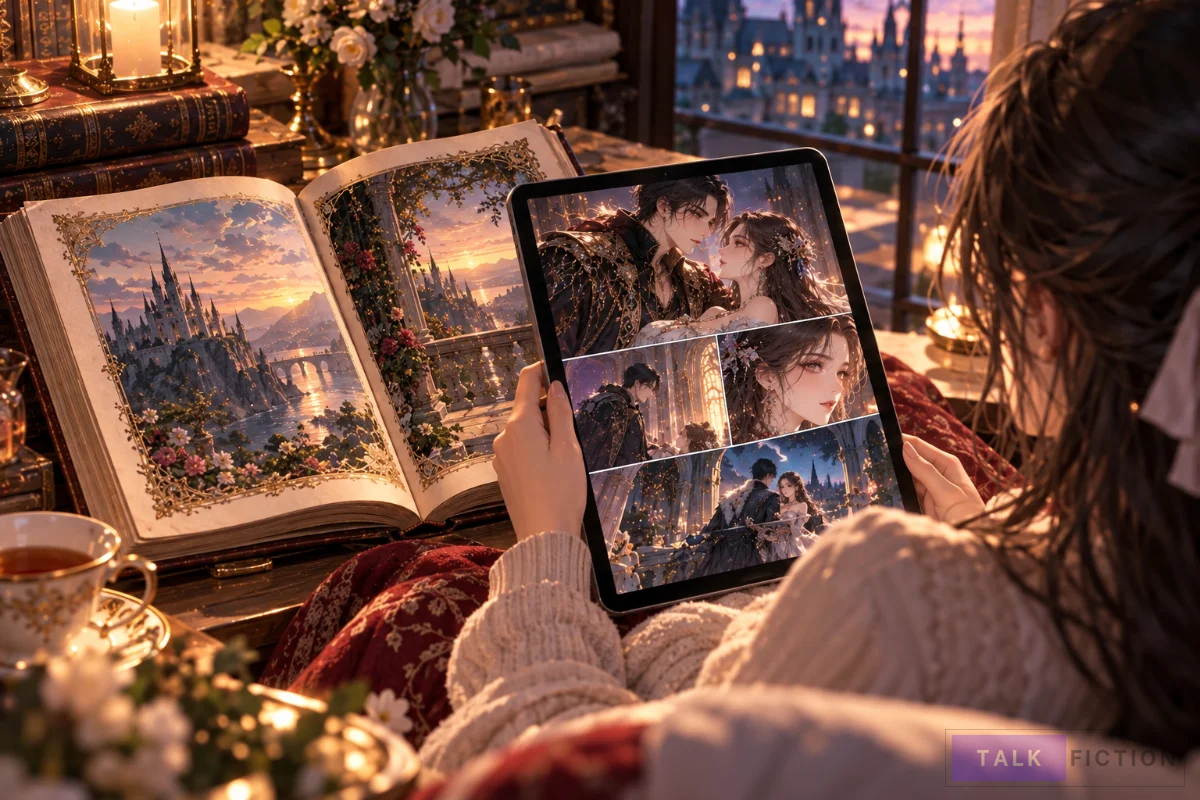 Reader exploring a fantasy romance manhwa on a tablet
