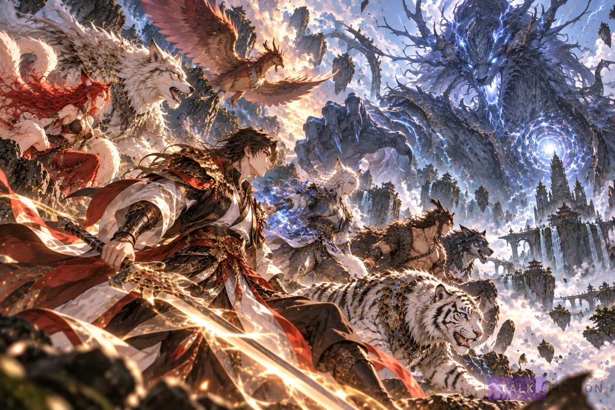 Original fantasy illustration depicting a beastmaster and companions preparing for battle.