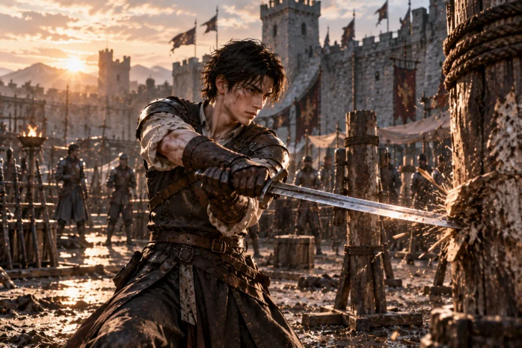 Enkrid training with a sword in Eternally Regressing Knight
