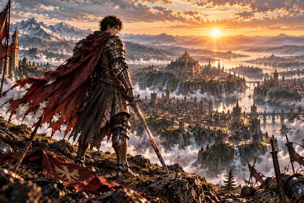 Enkrid standing before the vast world in Eternally Regressing Knight
