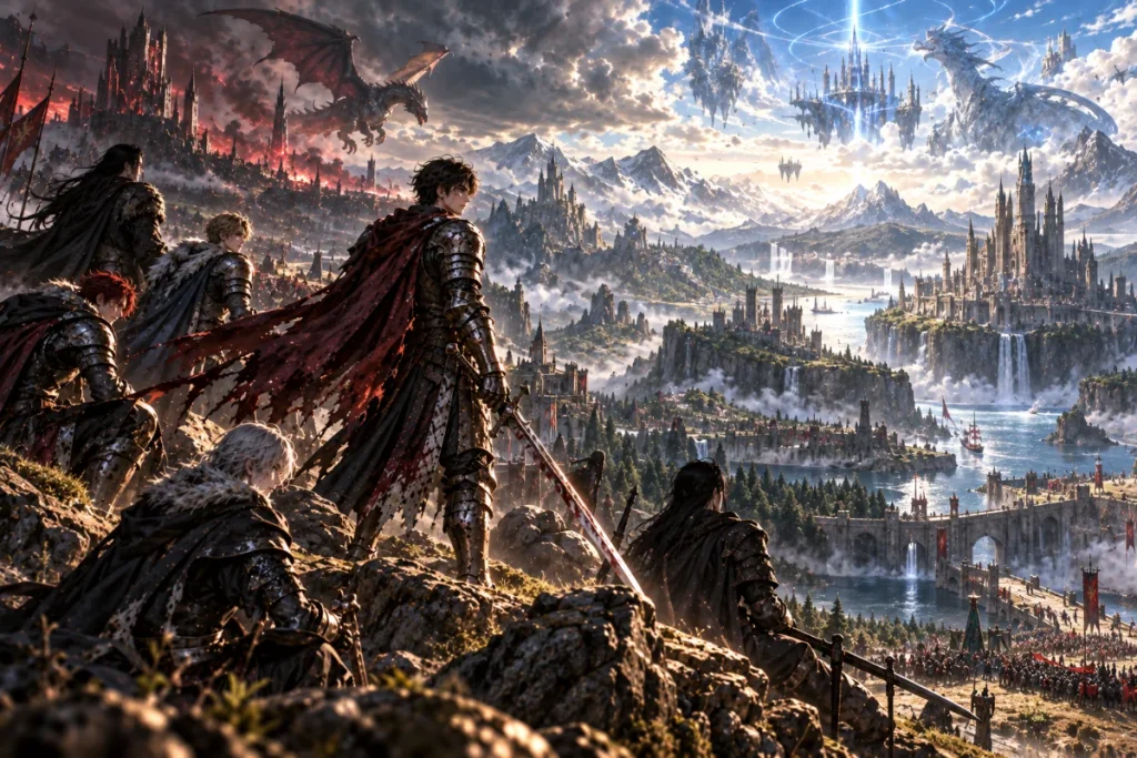 Fantasy world of knights, magic, and mythical creatures