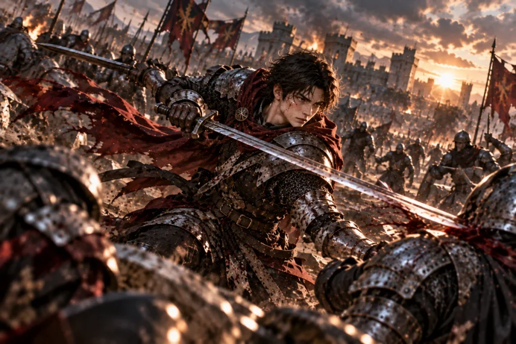 Enkrid in a cinematic battle scene from Eternally Regressing Knight