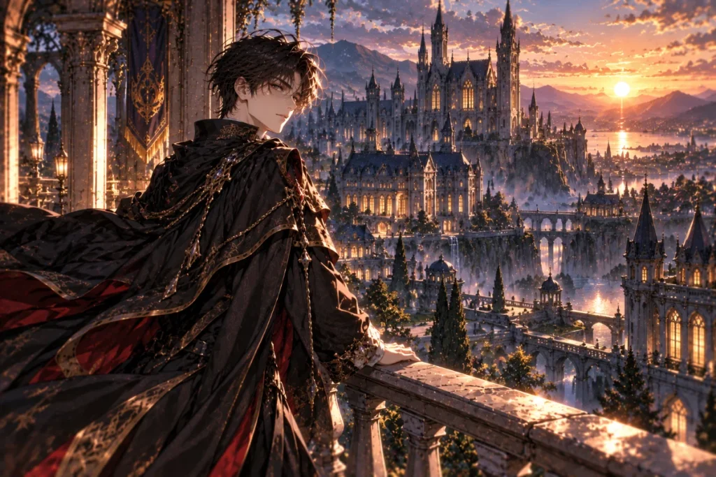 Fantasy academy and city landscape representing the world of Fated to Be Loved by Villains