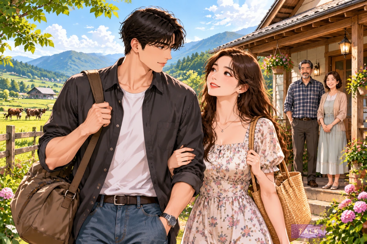 A young couple arriving at a countryside farmhouse in a romance webtoon setting