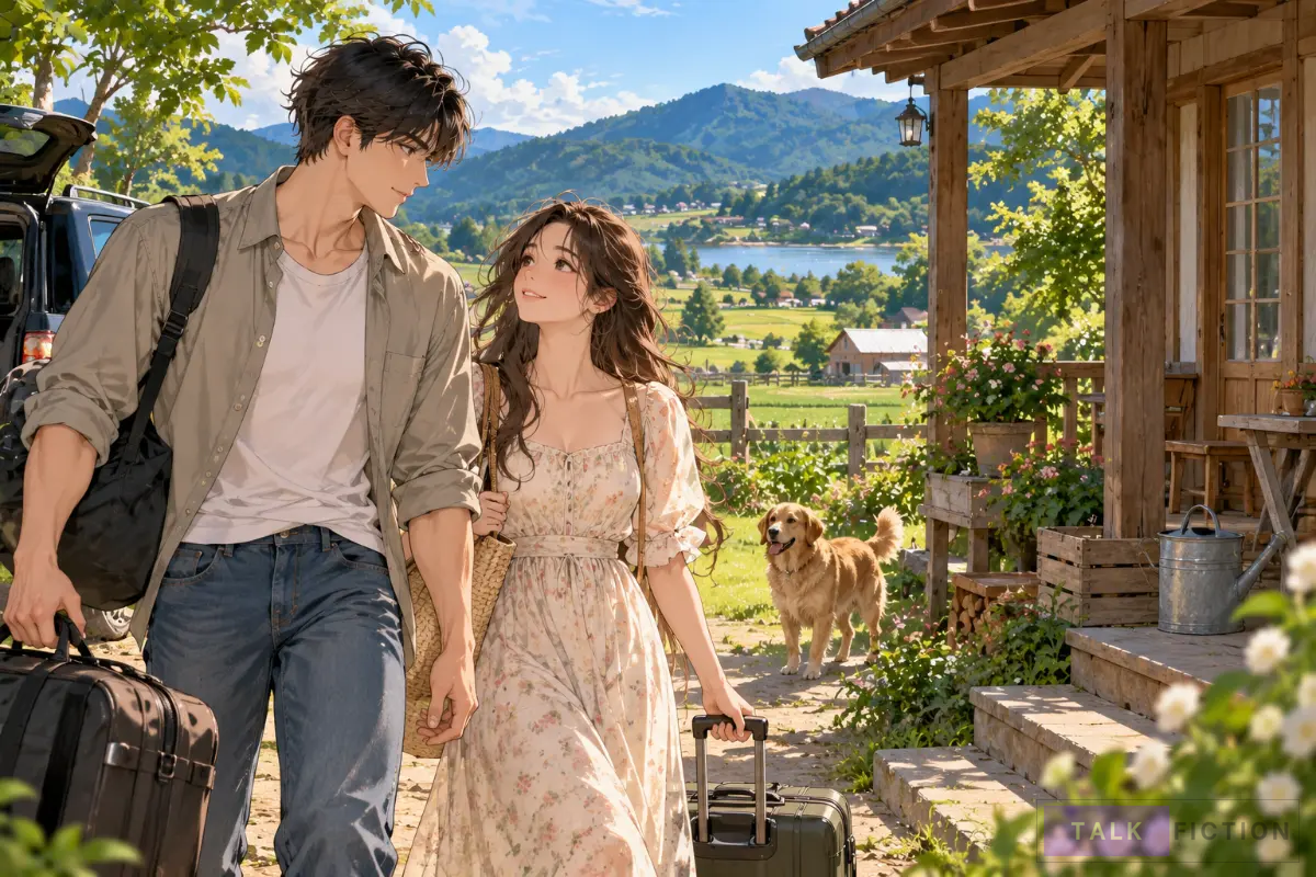 A couple arriving at a countryside farmhouse in a romance webtoon setting