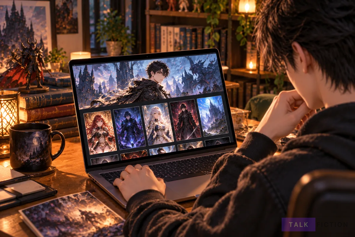 Reader exploring fantasy novels online