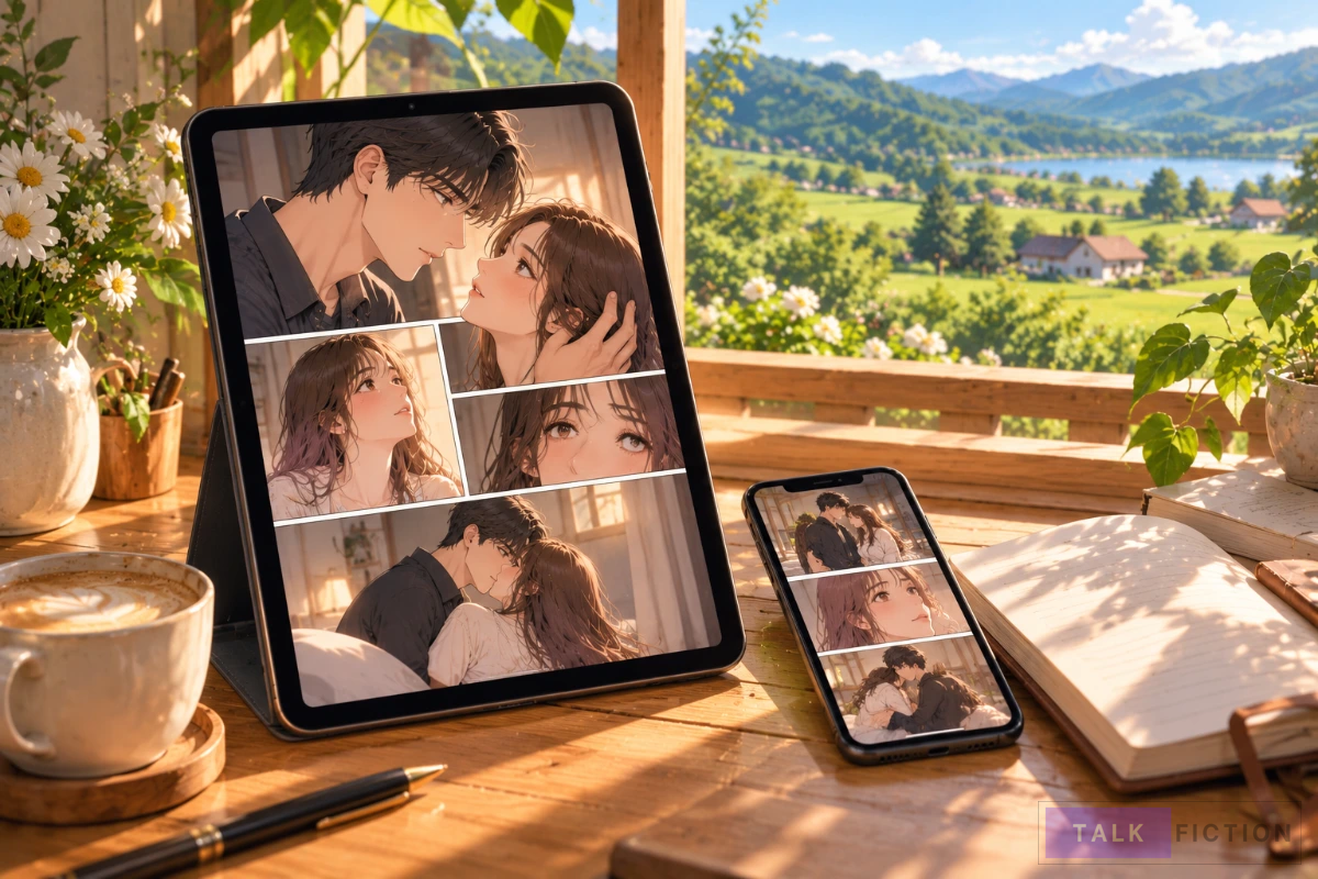 A tablet and smartphone displaying a generic digital romance webtoon