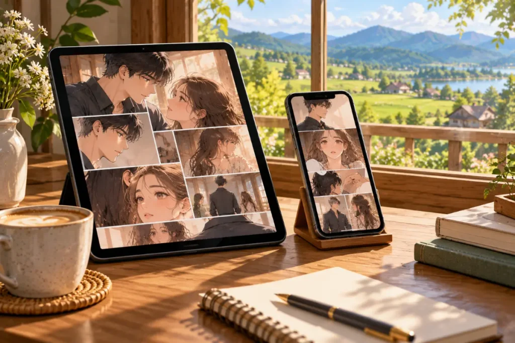Tablet and smartphone displaying a digital webtoon reading interface