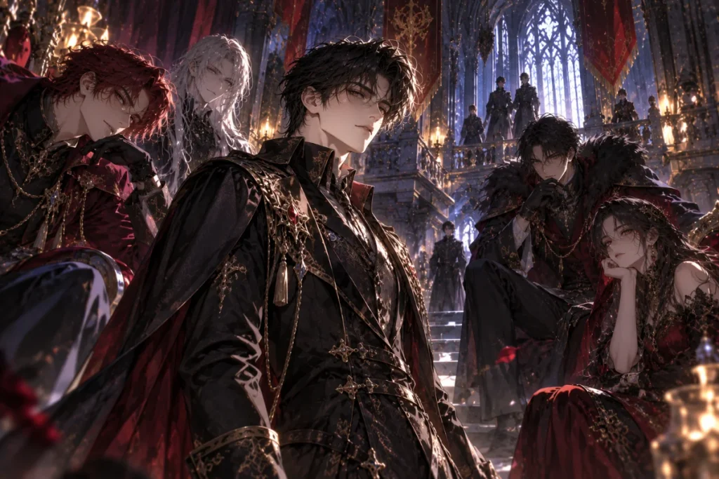 Fantasy illustration of a protagonist surrounded by mysterious and dangerous aristocrats