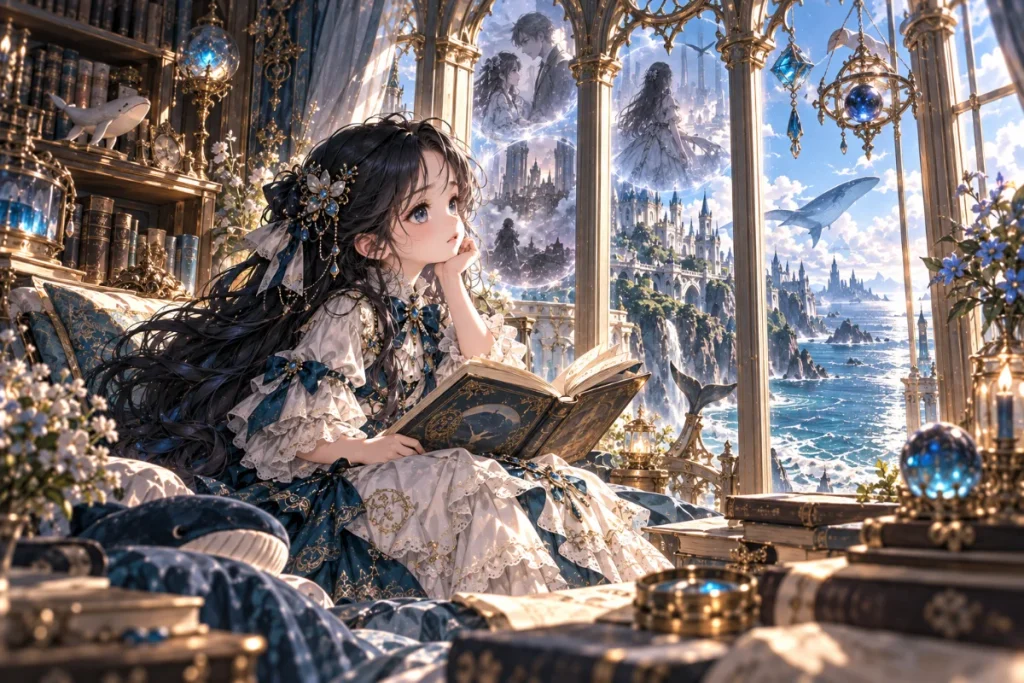 Young Calypso Aquasiadel inside her ocean-side fantasy home