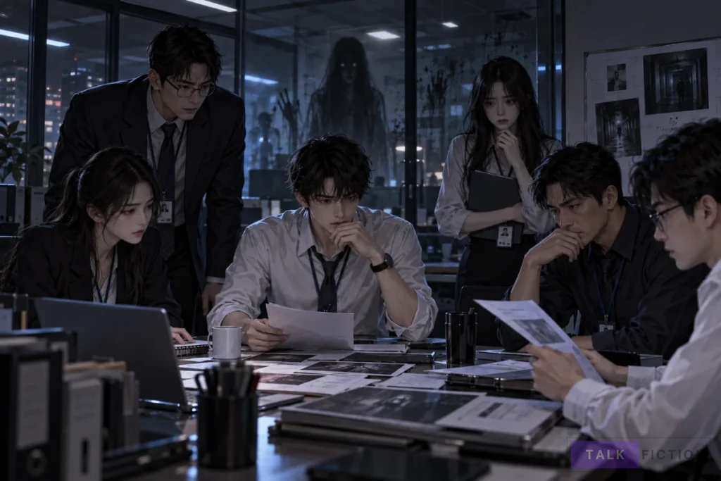 Employees investigating a supernatural case at a mysterious workplace