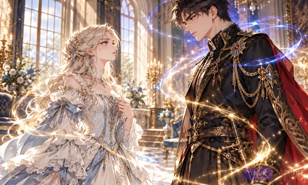 Helena and Kavil from For My Kind Monster facing each other inside a magical aristocratic mansion