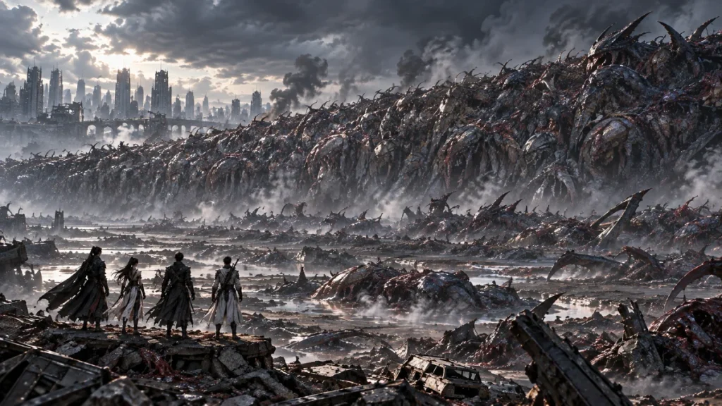 A massive wall of alien-beast corpses fills the battlefield