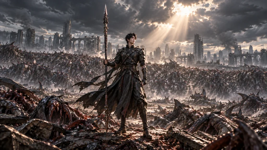 Lu Sheng stands with his spear on the battlefield in Chapter 265