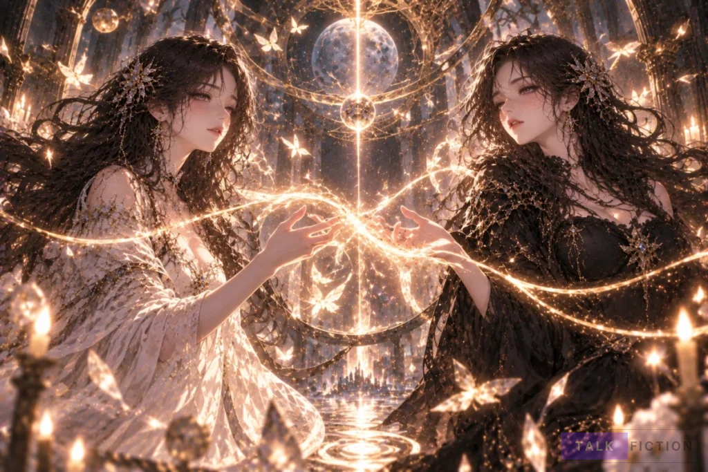 Nari and Lina surrounded by magical energy in Magical Exposure Girl