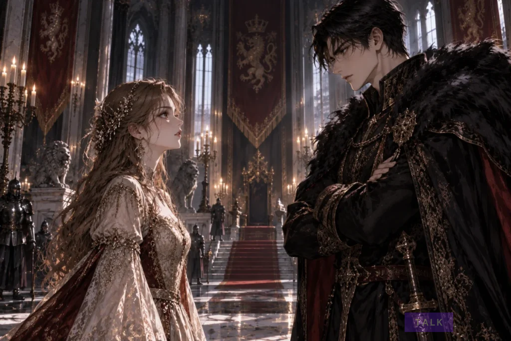 Diana Brien and Giscard Lodbrok facing each other in the novel
