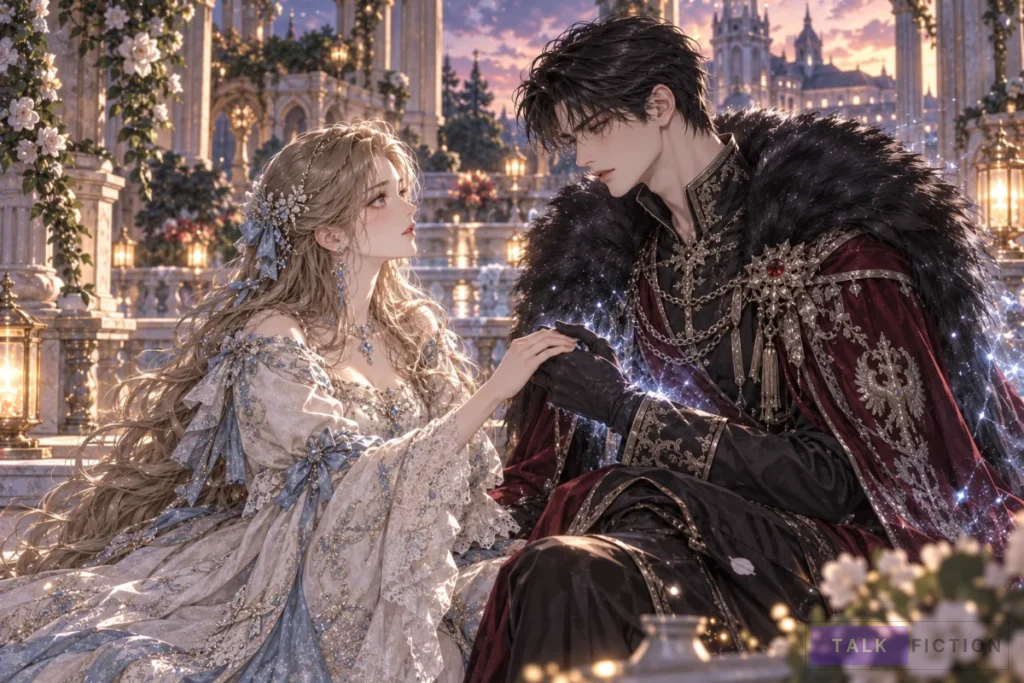Lianna holding Emperor Enoch's hand as their romance develops