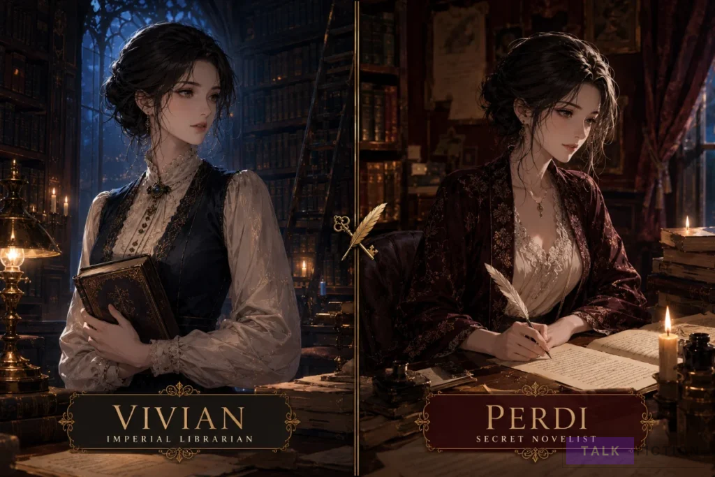 Vivian shown as an Imperial Library librarian and her secret novelist identity Perdi