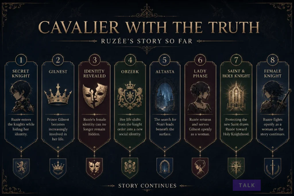 Cavalier With the Truth manga story timeline showing Ruzée’s major character and plot developments
