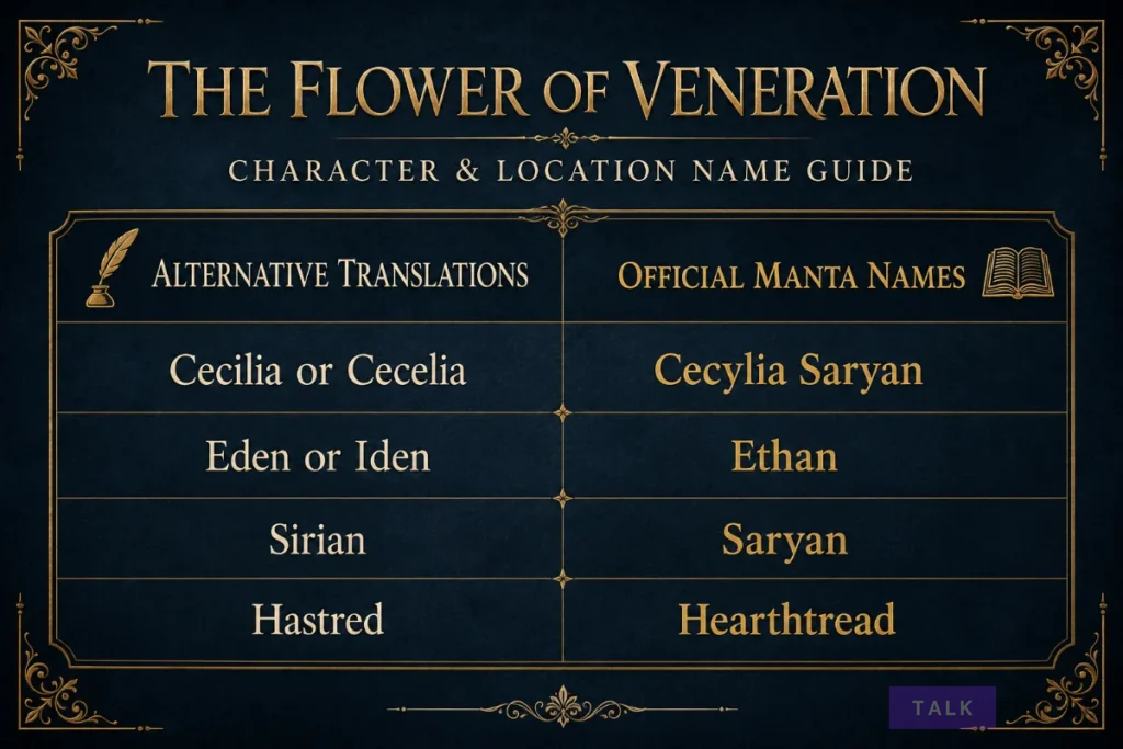 Official and alternative names for Cecylia, Ethan, Saryan and Hearthtread