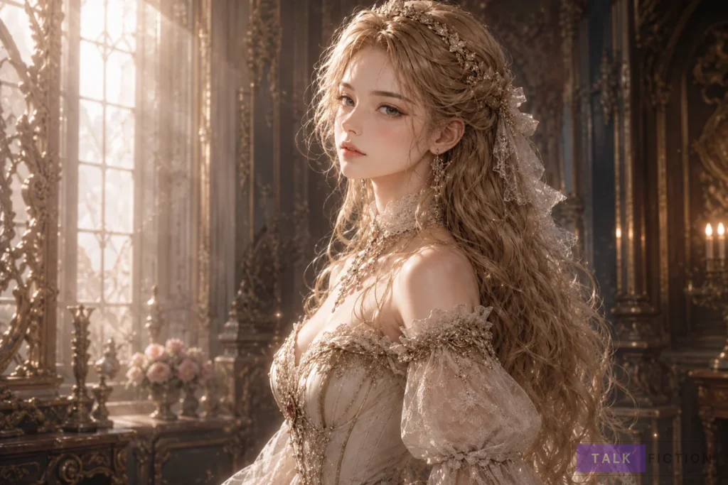 Portrait of Macaron Spartan wearing an elegant aristocratic dress