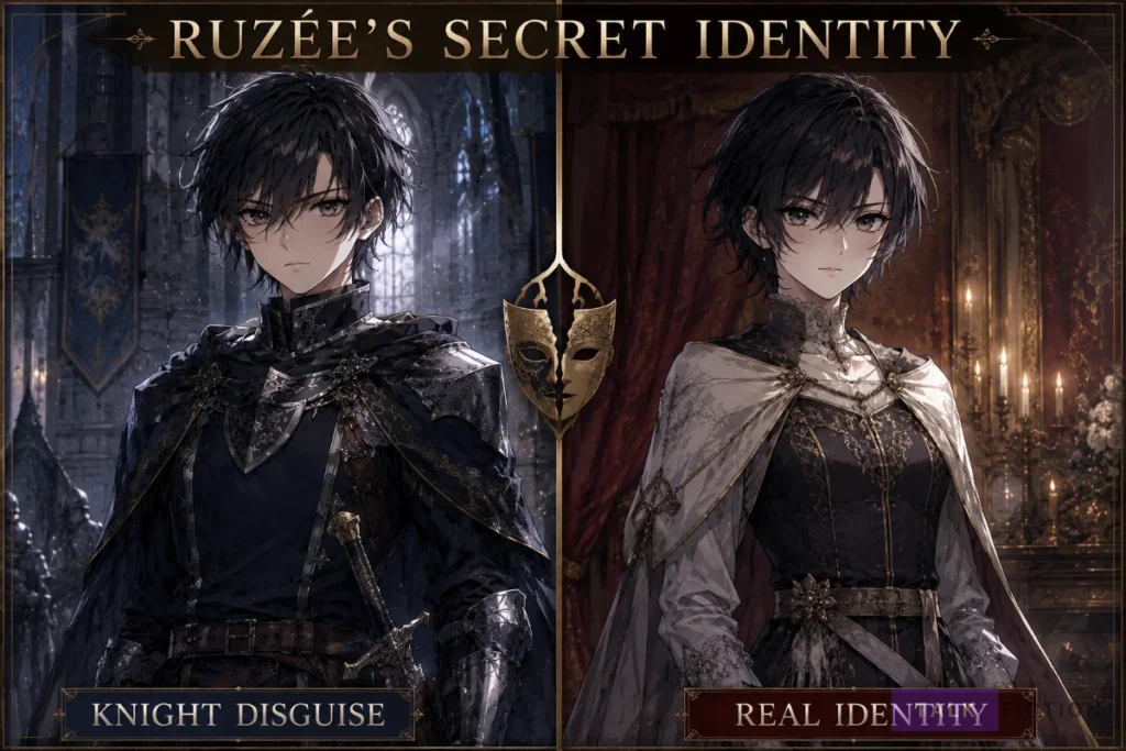 Ruzée shown as a male knight disguise and her real female identity in Cavalier With the Truth