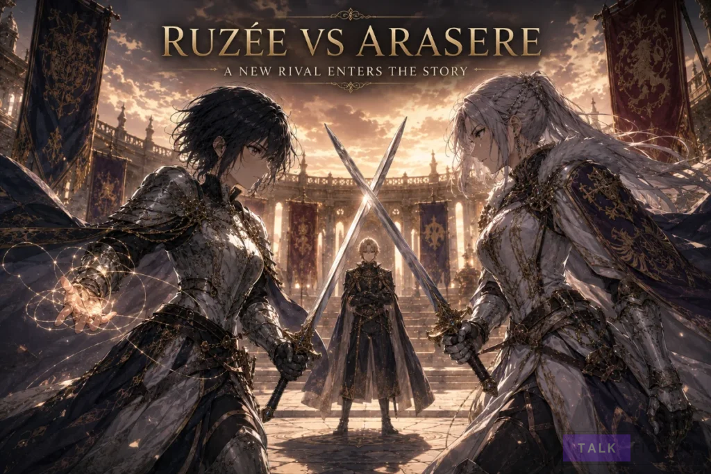 Ruzée facing female knight Arasere in Cavalier With the Truth Volume 15