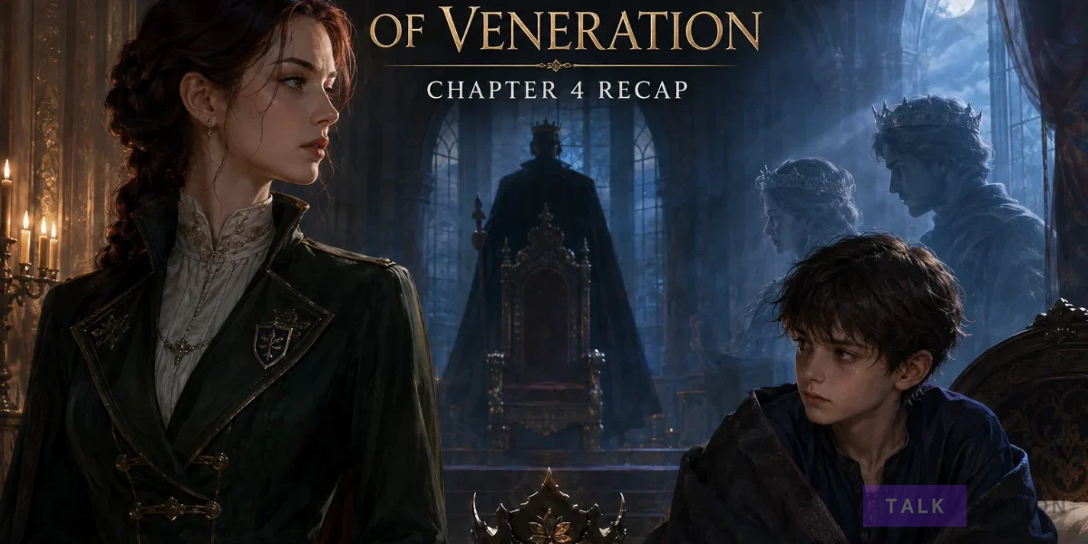 The Flower of Veneration Chapter 4 recap featuring Cecylia, Crown Prince Ethan and a shadowed royal throne