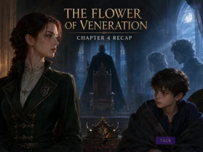 The Flower of Veneration Chapter 4 recap featuring Cecylia, Crown Prince Ethan and a shadowed royal throne