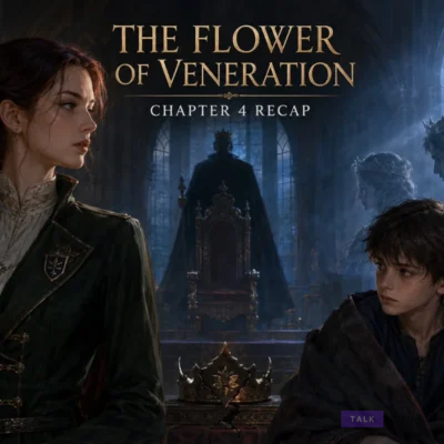 The Flower of Veneration Chapter 4 recap featuring Cecylia, Crown Prince Ethan and a shadowed royal throne