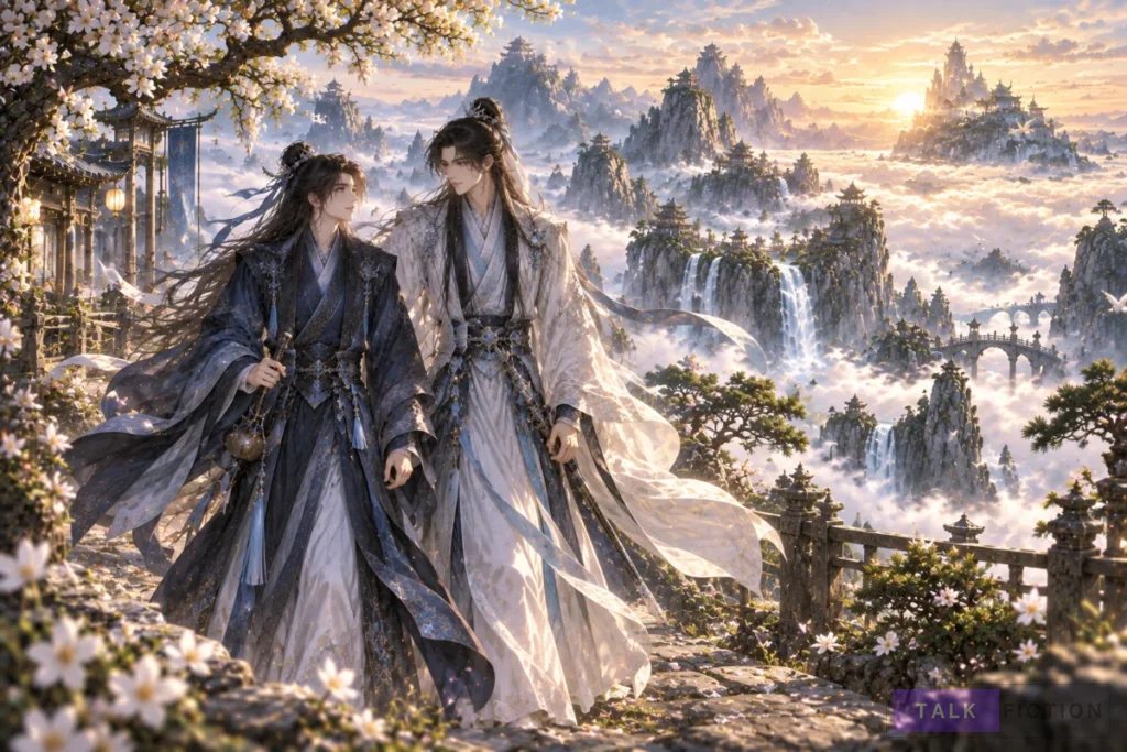 Liu Mufeng and Jiang Xu walking together in a peaceful xianxia setting