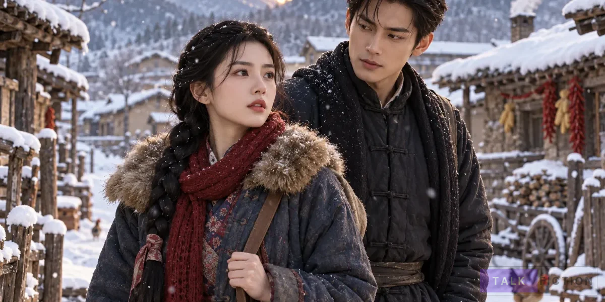 Yan Xue and Qi Fang in a snowy village in After Accidentally Marrying the Big Shot