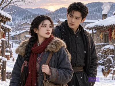 Yan Xue and Qi Fang in a snowy village in After Accidentally Marrying the Big Shot