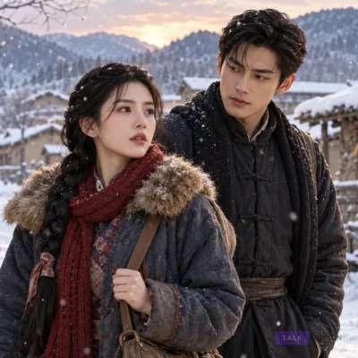 Yan Xue and Qi Fang in a snowy village in After Accidentally Marrying the Big Shot