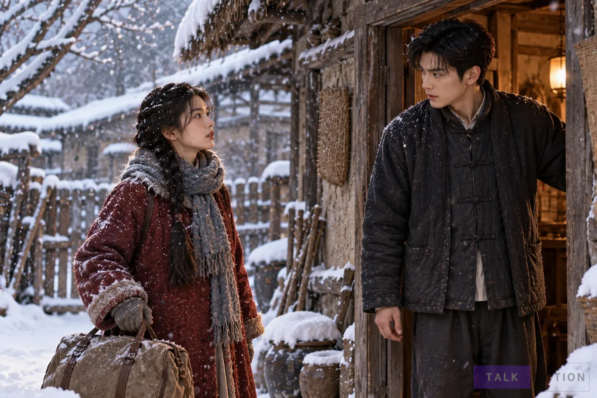 Yan Xue arrives at Qi Fang's home during a snowstorm before their unexpected marriage